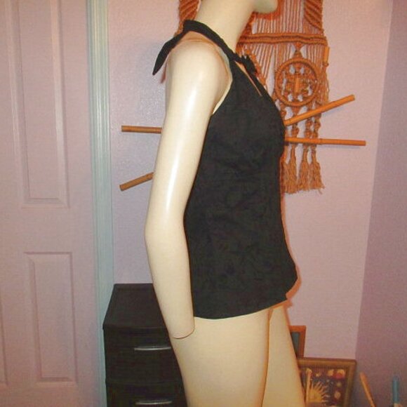 Vintage Y2K Flocked Velvet Halter Top Size M Skulls Bows Pin Up Rockabilly Vamp - Picture 7 of 12